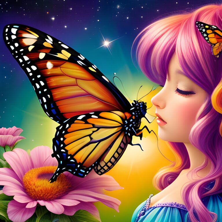 An image of a Monarch Butterfly describing himself to a sightless fairy.